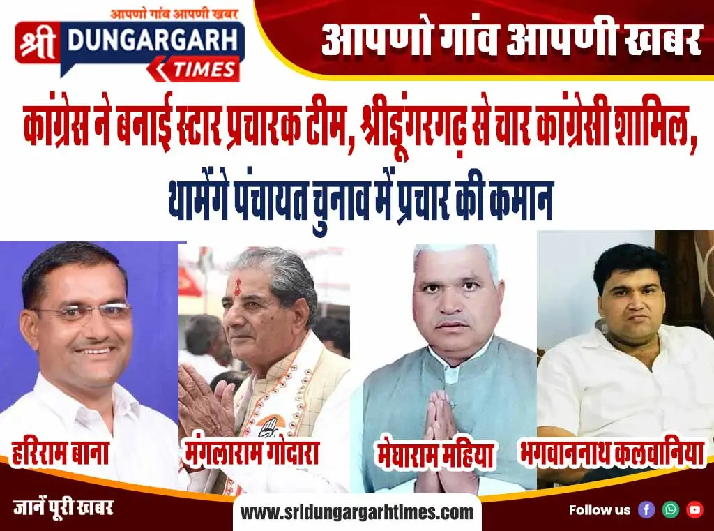 कांग्रेस ने बनाई स्टार प्रचारक टीम, श्रीडूंगरगढ़ से चार कांग्रेसी शामिल, थामेंगे पंचायत चुनाव में प्रचार की कमान