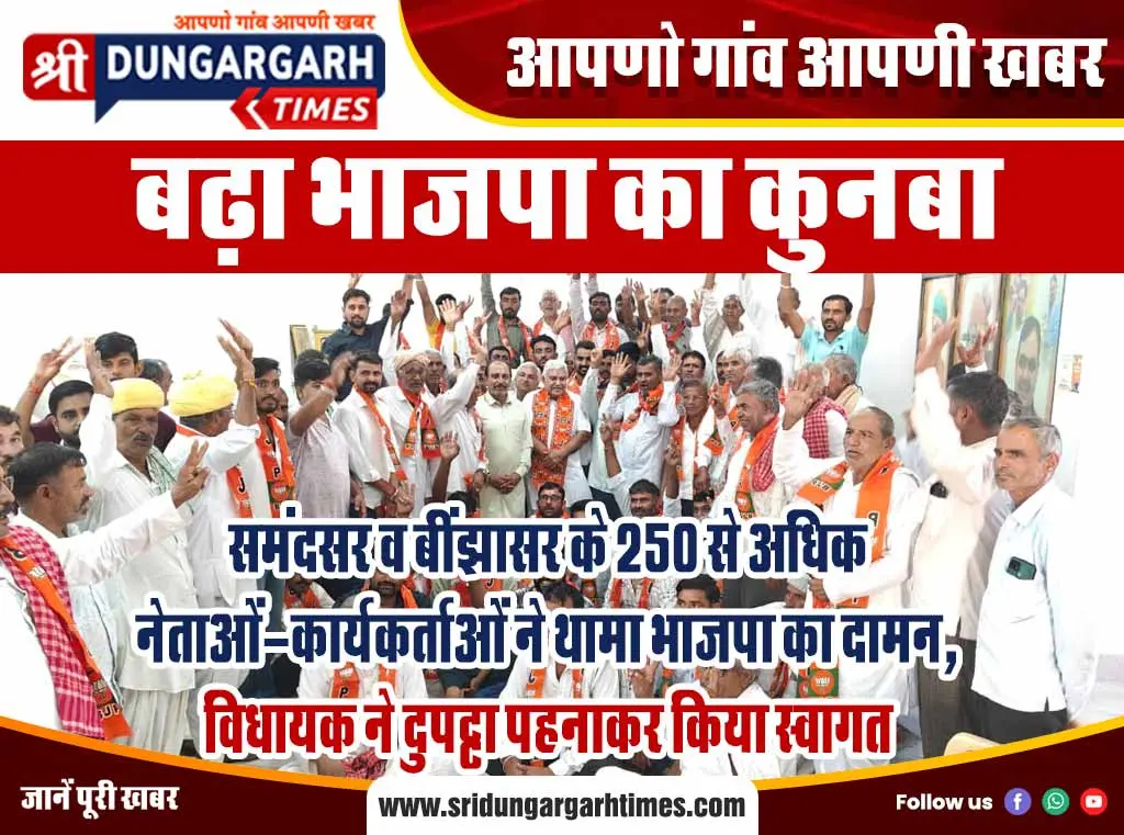 समंदसर व बींझासर के 250 से अधिक नेताओं-कार्यकर्ताओं ने थामा भाजपा का दामन, विधायक ने दुपट्टा पहनाकर किया स्वागत
