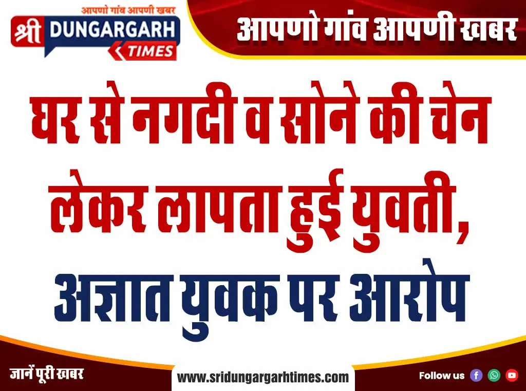 घर से नगदी व सोने की चेन लेकर लापता हुई युवती, अज्ञात युवक पर आरोप