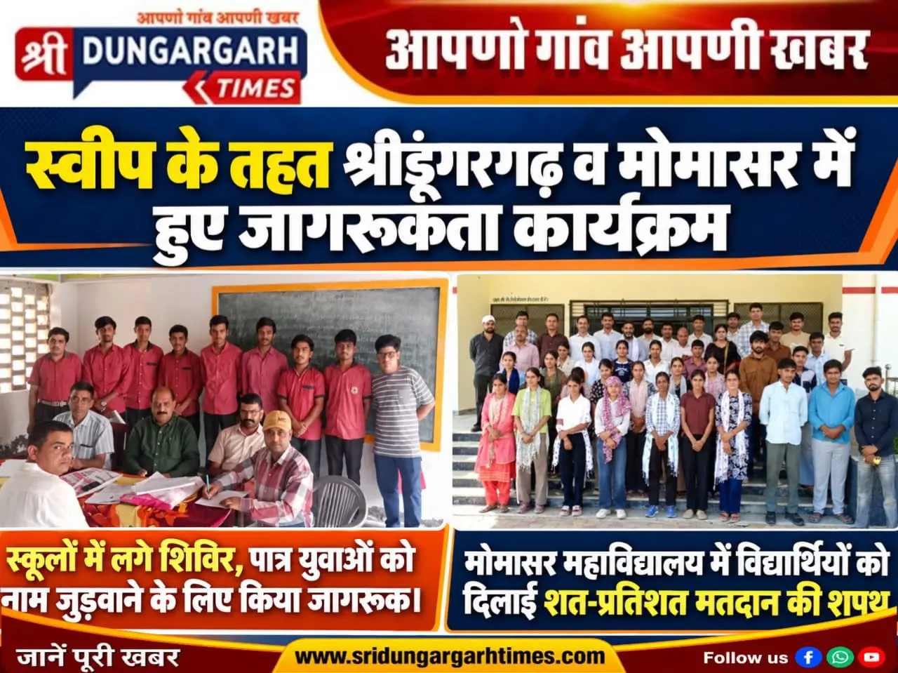स्वीप के तहत श्रीडूंगरगढ़ के स्कूलों में और  मोमासर के महाविद्यालय में हुए जागरूकता कार्यक्रम