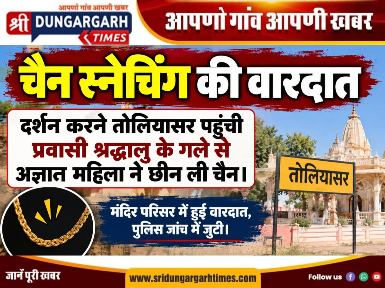 दर्शन करने तोलियासर पहुंची प्रवासी श्रद्धालु के गले से अज्ञान महिला ने छीन ली चैन।