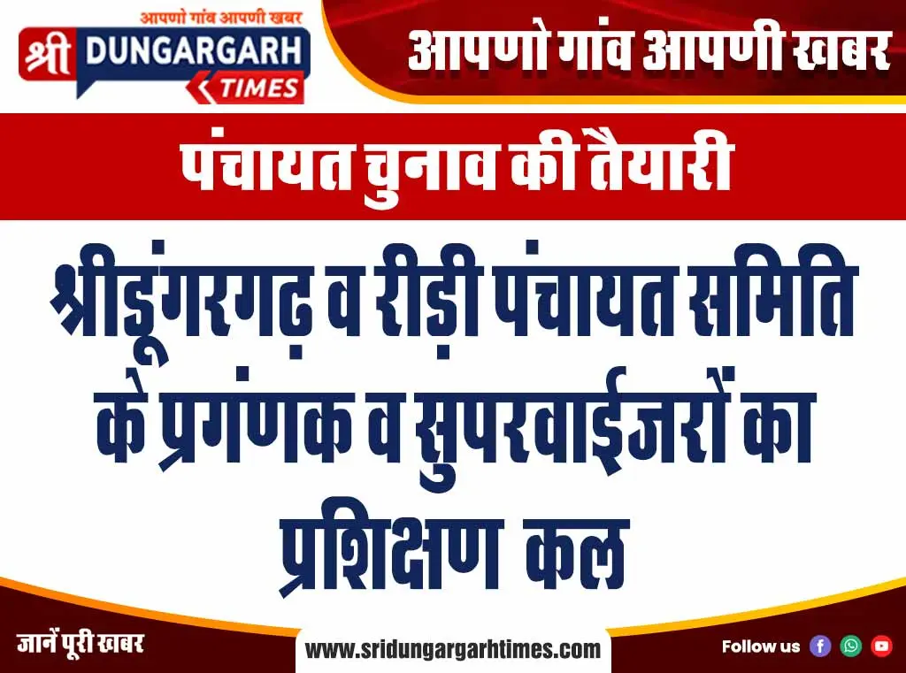 श्रीडूंगरगढ़ व रीड़ी पंचायत समिति के प्रगंणक व सुपरवाईजरों का प्रशिक्षण  कल