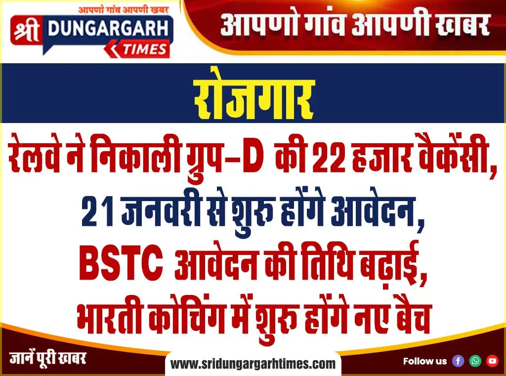 रेलवे ने निकाली ग्रुप-D की 22 हजार वैकेंसी, 21 जनवरी से शुरू होंगे आवेदन, BSTC आवेदन की तिथि बढ़ाई, भारती कोचिंग में शुरू होंगे नए बैच