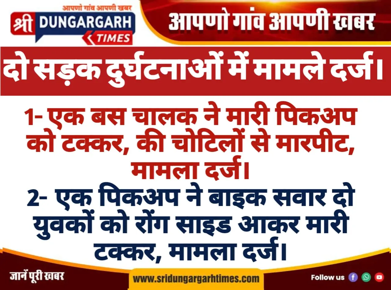 दो सड़क दुर्घटनाओं में मामले दर्ज।
