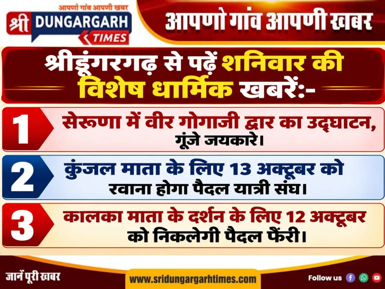 श्रीडूंगरगढ़ से पढें शनिवार की विशेष धार्मिक खबरें:-